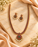 Load image into Gallery viewer, Ruby Red Stone Gold-Plated Necklace Set with Pearl Drop Earrings