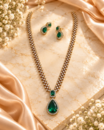 Load image into Gallery viewer, Gold-Plated Emerald Green CZ Necklace Set with Matching Drop Earrings