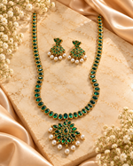 Load image into Gallery viewer, Emerald Green Stone Gold-Plated Necklace Set with Pearl Drop Earrings