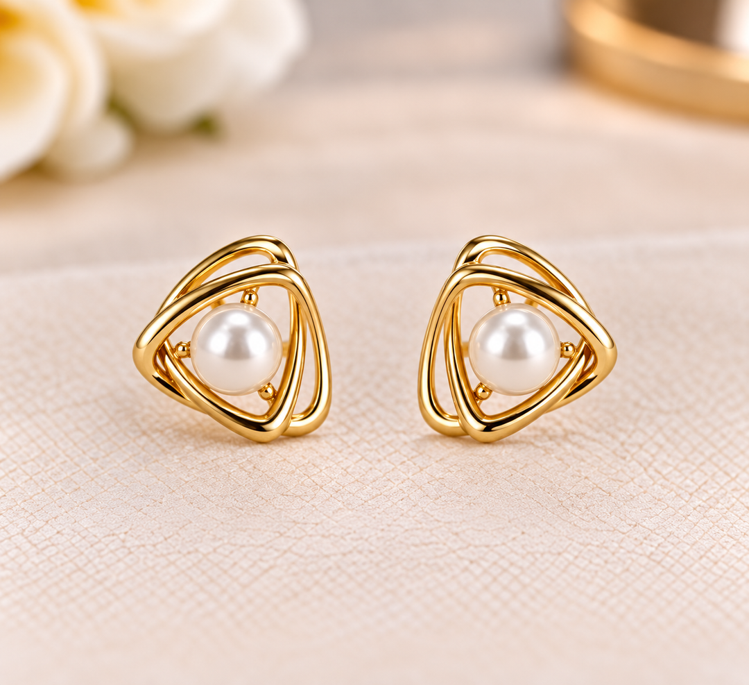 Triangle-Shaped Pearl Gold-Plated Earrings