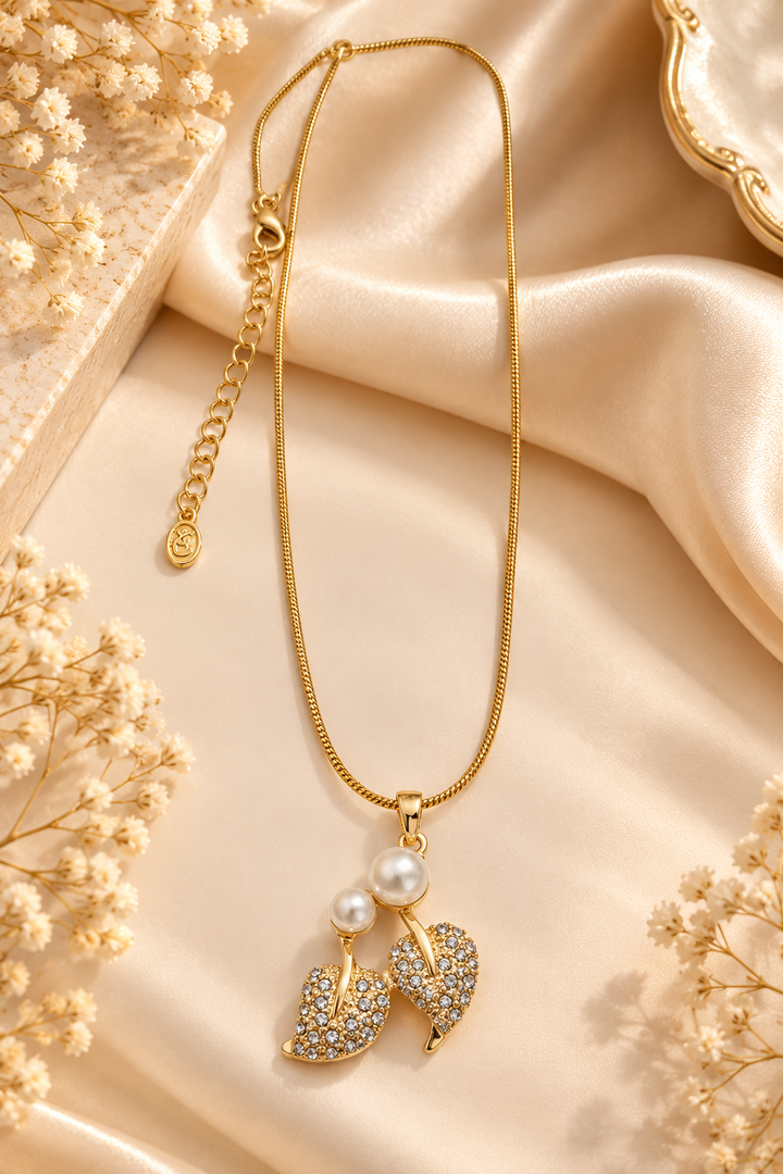 Pearl & Crystal Leaf Pendant Necklace
