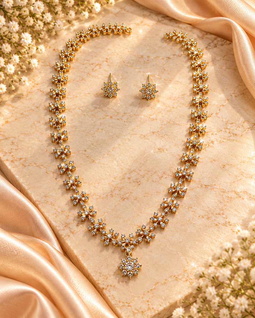 Gold-Plated Floral CZ Stone Necklace Set with Matching Stud Earrings