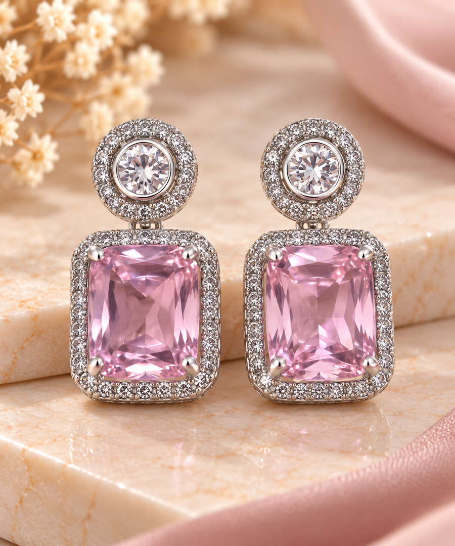 Rose Quartz Pink Crystal Stud Drop Earrings