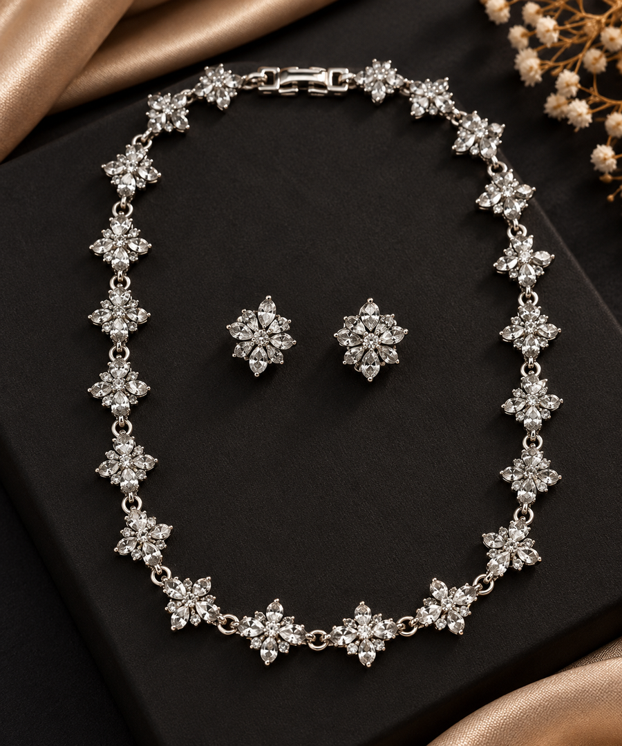 Elegant Silver Floral Crystal Necklace Set