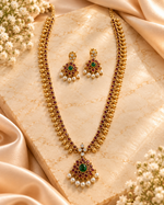 Load image into Gallery viewer, Traditional Gold-Plated Ruby and Emerald Stone Necklace Set with Pearl Drops