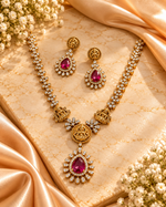 Load image into Gallery viewer, Gold-Plated Ruby Red CZ Temple Necklace Set with Matching Earrings
