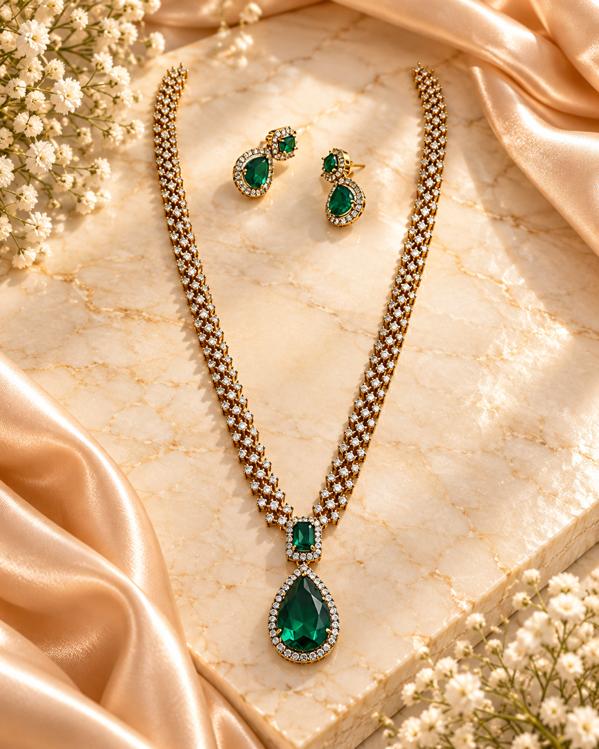 Gold-Plated Emerald Green CZ Necklace Set with Matching Drop Earrings
