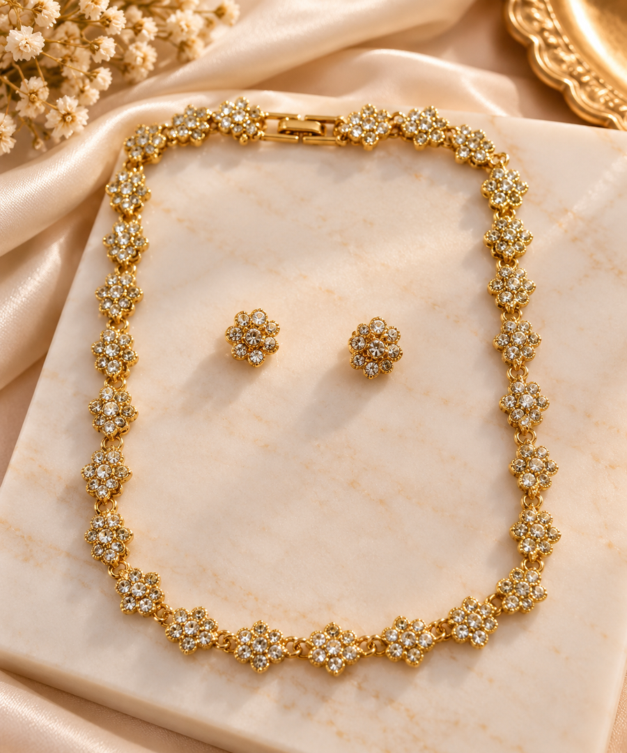Elegant Gold-Plated Floral Crystal Necklace Set
