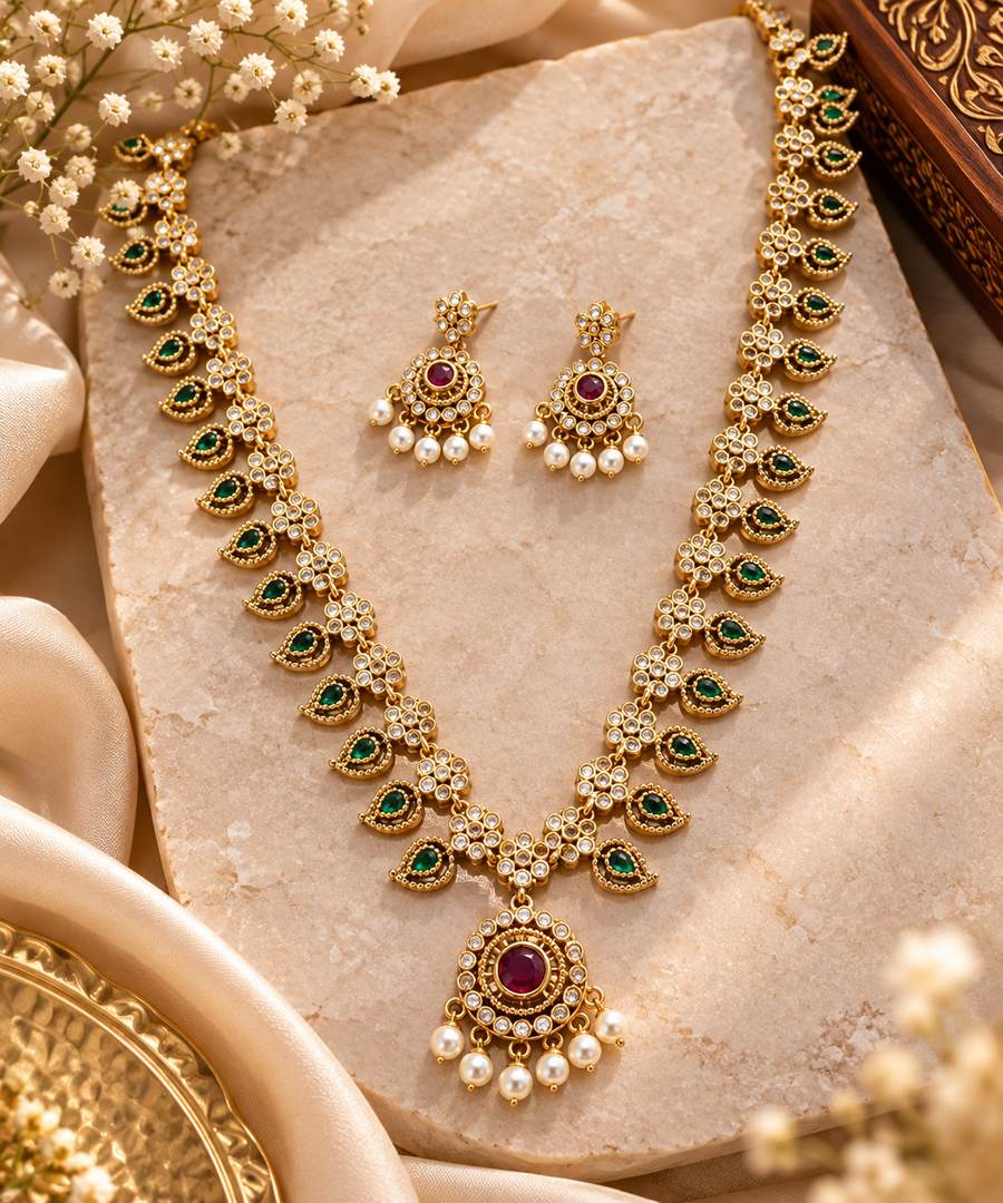 Green and Ruby Stone Gold Plated Traditional Necklace Set with Matching Earrings