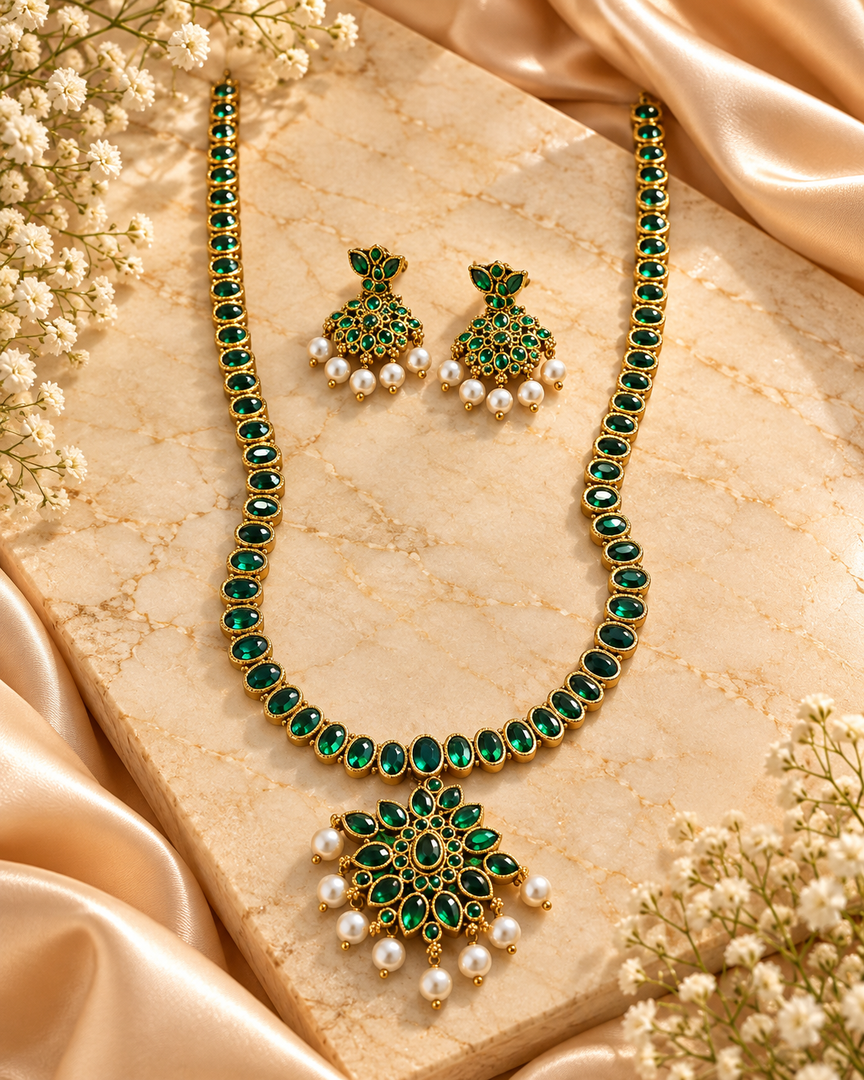 Emerald Green Stone Gold-Plated Necklace Set with Pearl Drop Earrings