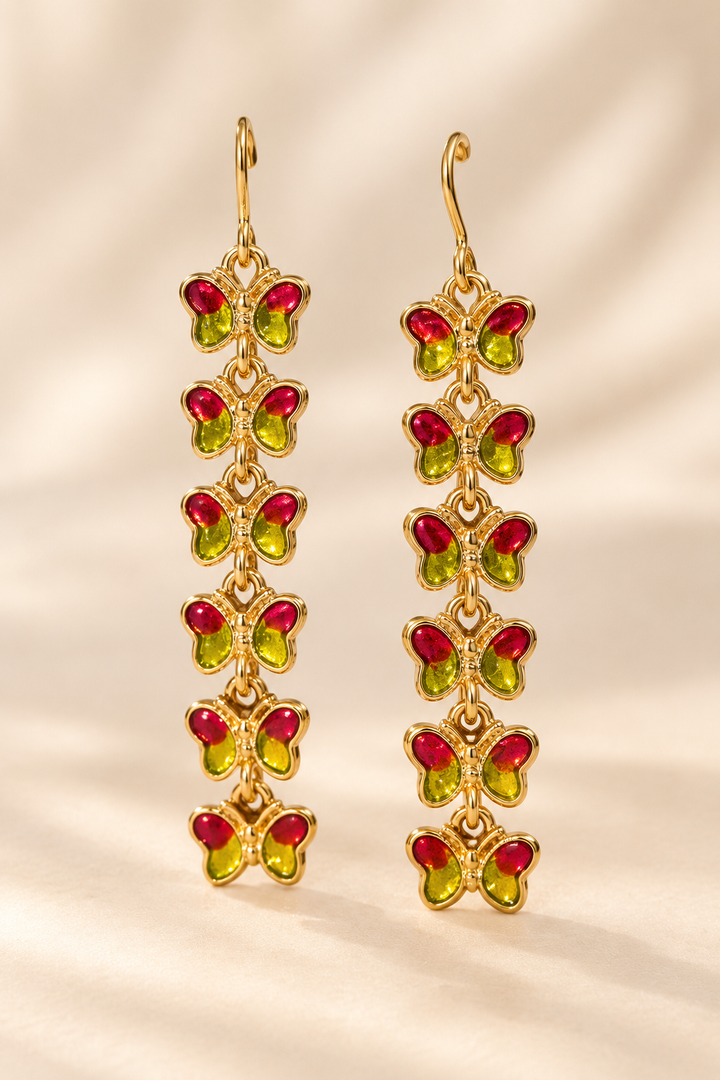 Ruby & Lime Green Butterfly Drop Earrings