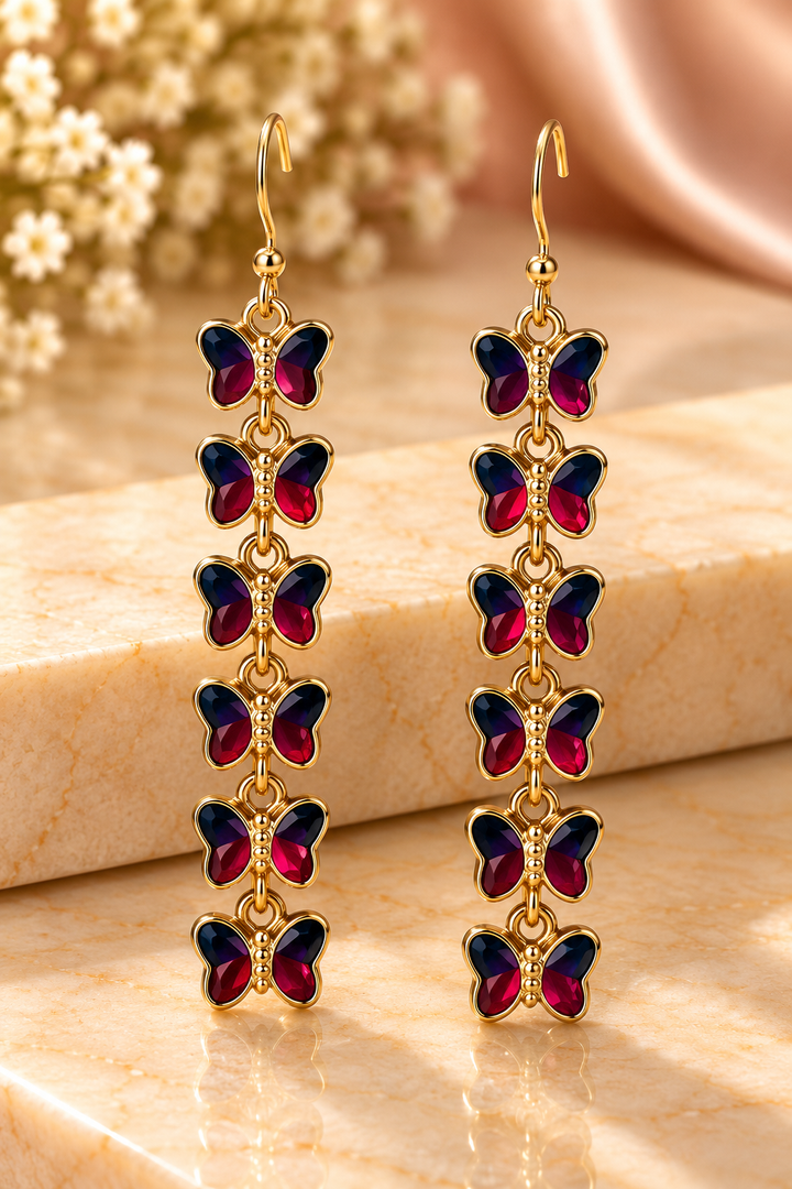 Gold-Plated Burgundy Butterfly Drop Earrings
