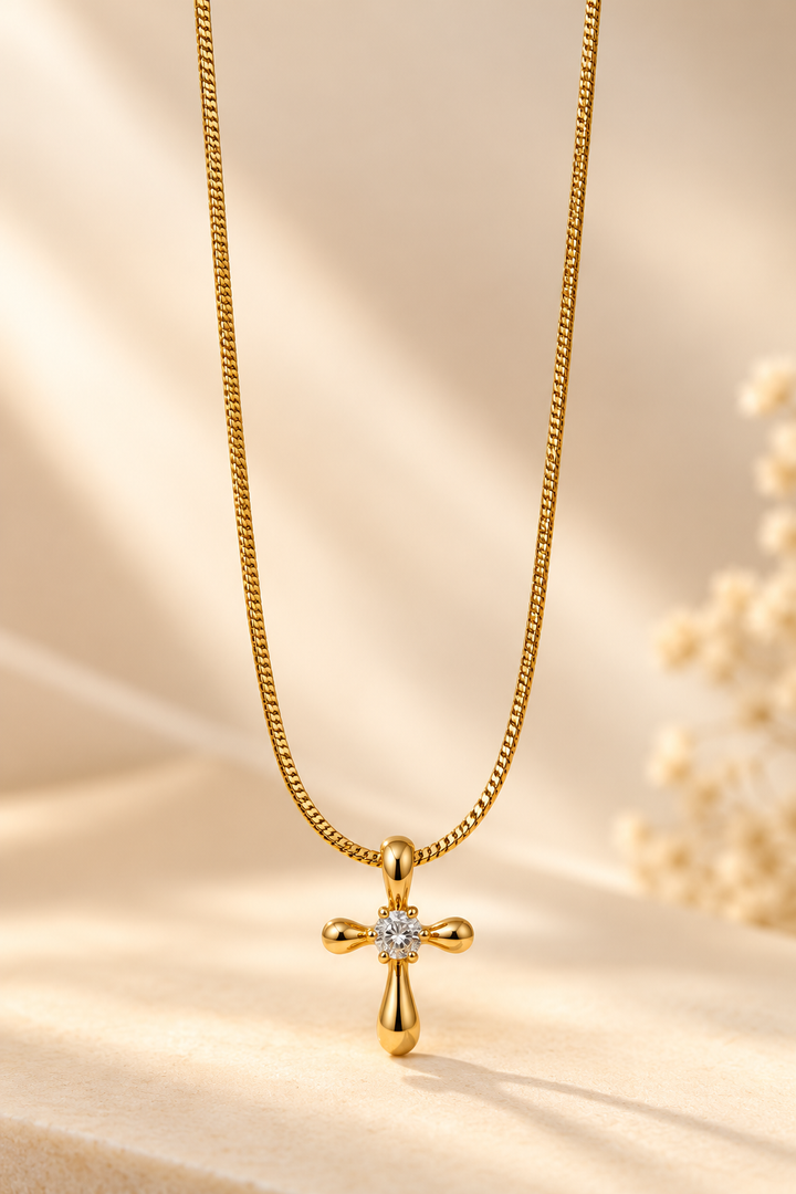 Cross-Shaped Crystal Pendant Gold-Plated Necklace