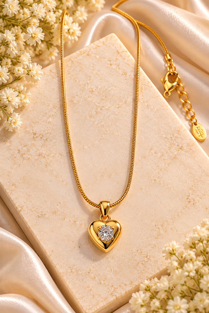Heart-Shaped Crystal Pendant Gold-Plated Necklace