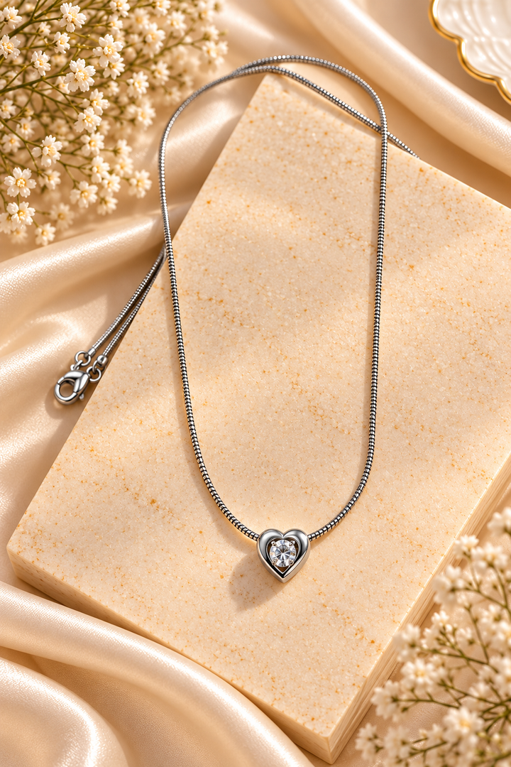 Heart-Shaped Crystal Pendant Silver Necklace