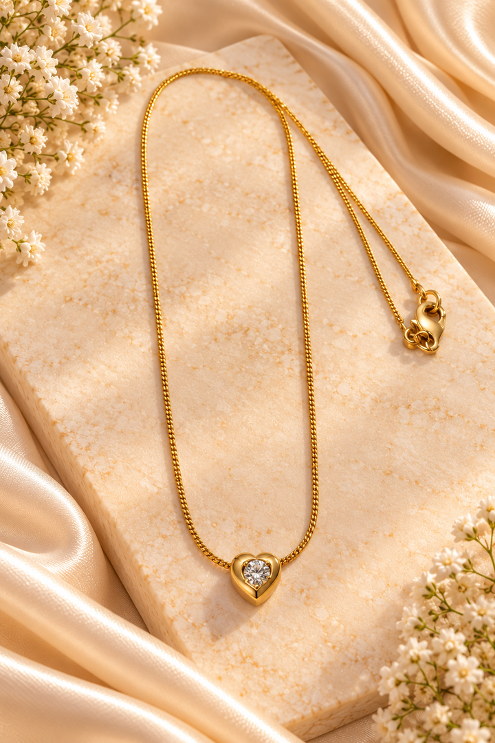 Heart-Shaped Crystal Pendant Gold-Plated Necklace